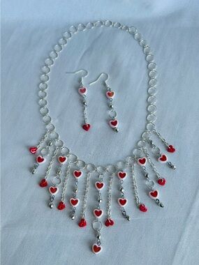 Heart Charm Silver Necklace and Earring Set - Red Hearts